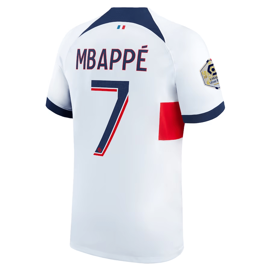 Nike Paris Saint - Germain Kylian Mbappe Away Jersey w/ Ligue 1 Patch 23/24 (White/Midnight Navy) | SoccerWearhouse