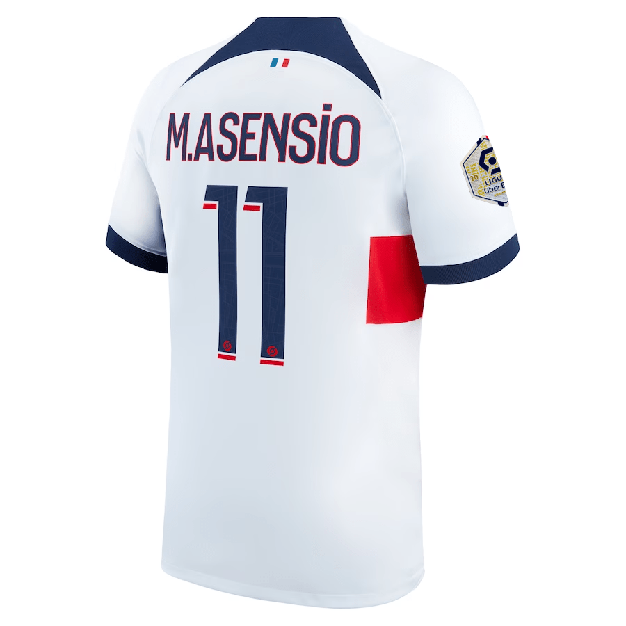 Nike Paris Saint - Germain Marco Asensio Away Jersey w/ Ligue 1 Patch 23/24 (White/Midnight Navy) | SoccerWearhouse