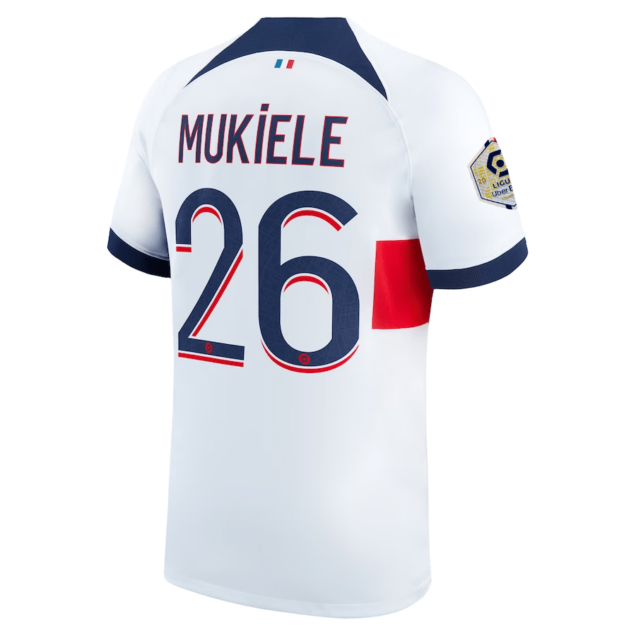 Nike Paris Saint - Germain Nordi Mukiele Away Jersey w/ Ligue 1 Patch 23/24 (White/Midnight Navy) | SoccerWearhouse
