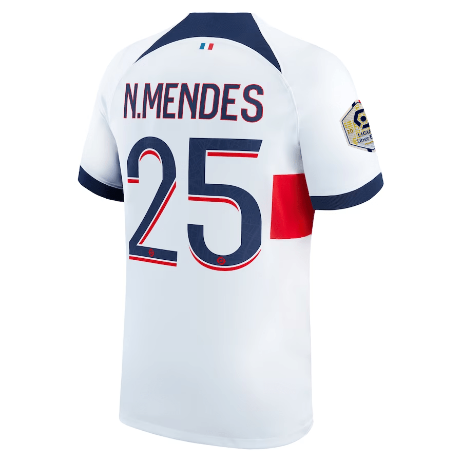 Nike Paris Saint - Germain Nuno Mendes Away Jersey w/ Ligue 1 Patch 23/24 (White/Midnight Navy) | SoccerWearhouse