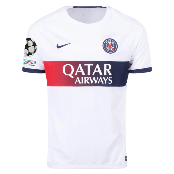 Nike Paris Saint - Germain Ousmane Dembélé Away Jersey w/ Champions League Patches 23/24 (White/Midnight Navy) | SoccerWearhouse
