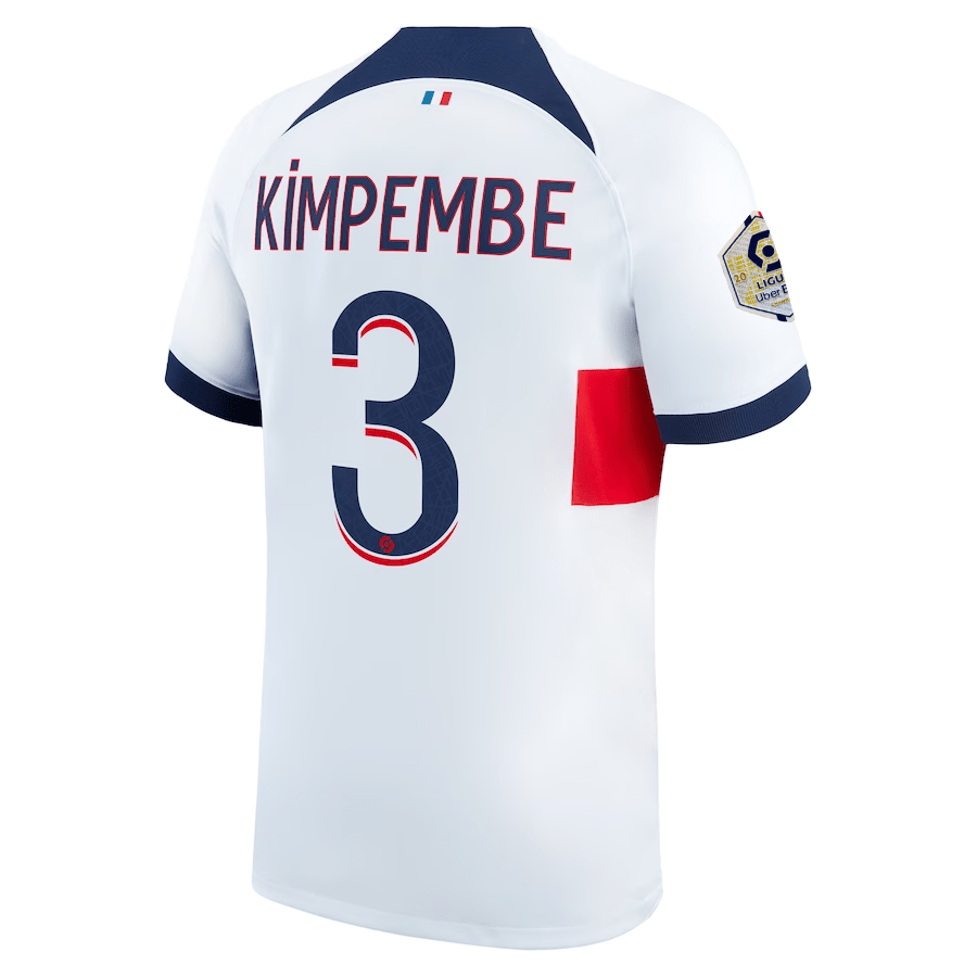 Nike Paris Saint - Germain Presnel Kimpembe Away Jersey w/ Ligue 1 Patch 23/24 (White/Midnight Navy) | SoccerWearhouse