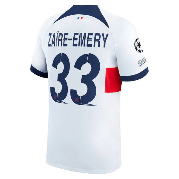 Nike Paris Saint - Germain Warren Zaïre - Emery Away Jersey w/ Champions League Patches 23/24 (White/Midnight Navy) | SoccerWearhouse