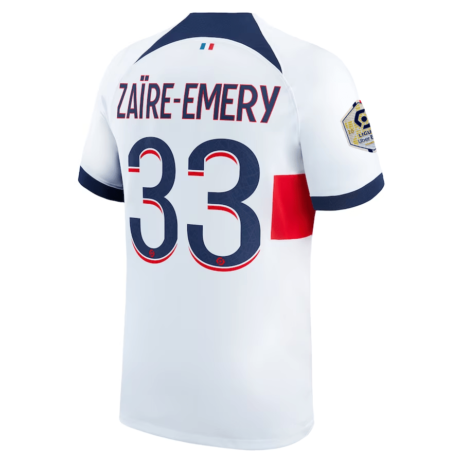 Nike Paris Saint - Germain Zaire - Emery Away Jersey w/ Ligue 1 Patch 23/24 (White/Midnight Navy) | SoccerWearhouse