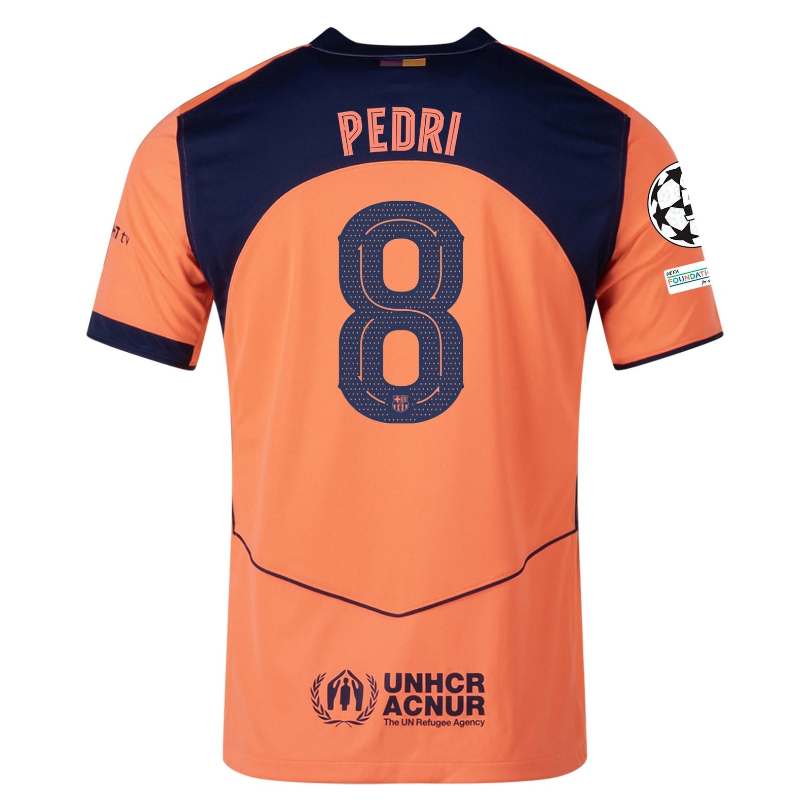 Nike Pedri Men's FC Barcelona T90 Third Jersey 25/26 w/ Champions League Patches (Mango/Navy) | SoccerWearhouse