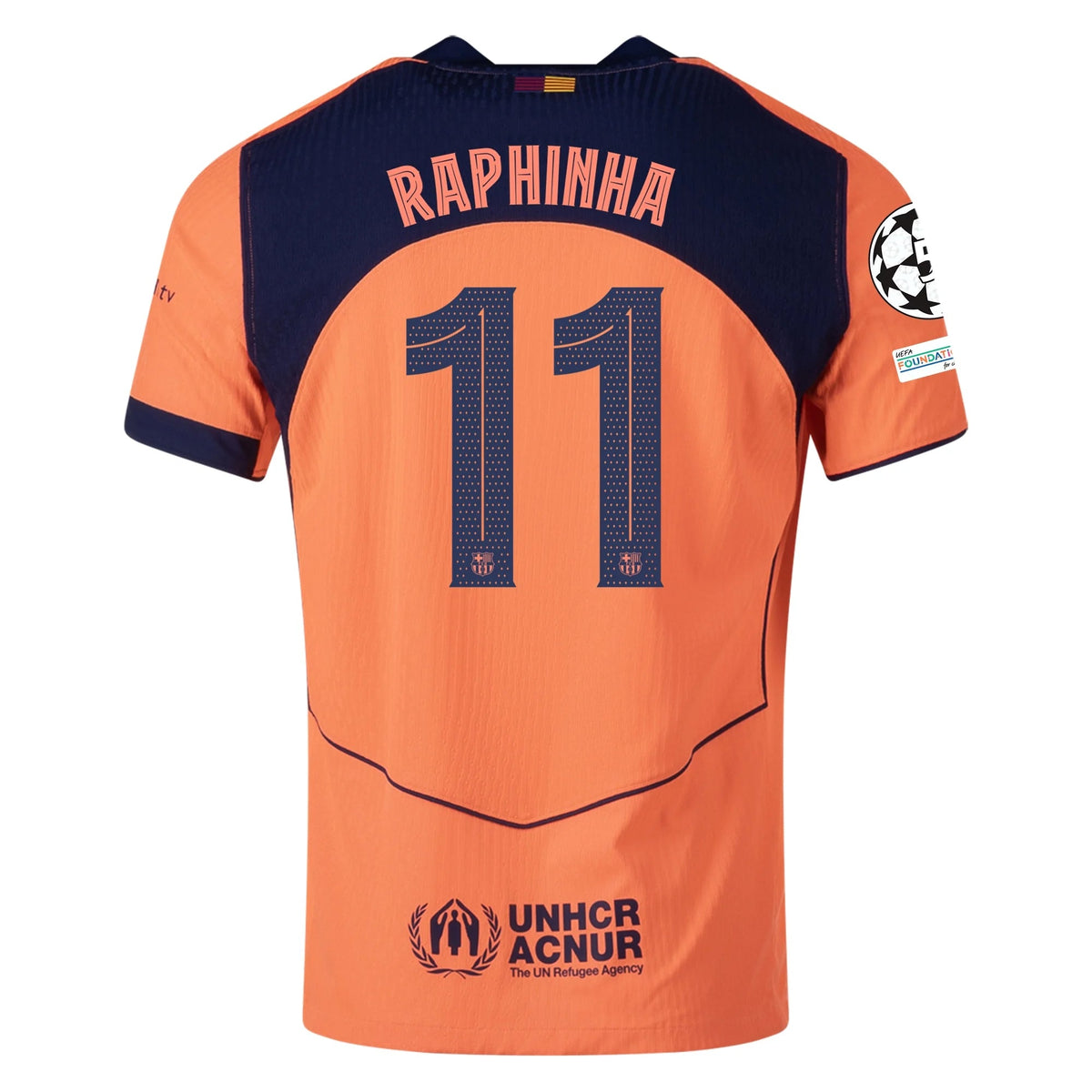 Nike Raphinha FC Barcelona Third T90 Authentic Jersey 25/26 w/ Champions League Patches (Mango/Navy) | SoccerWearhouse