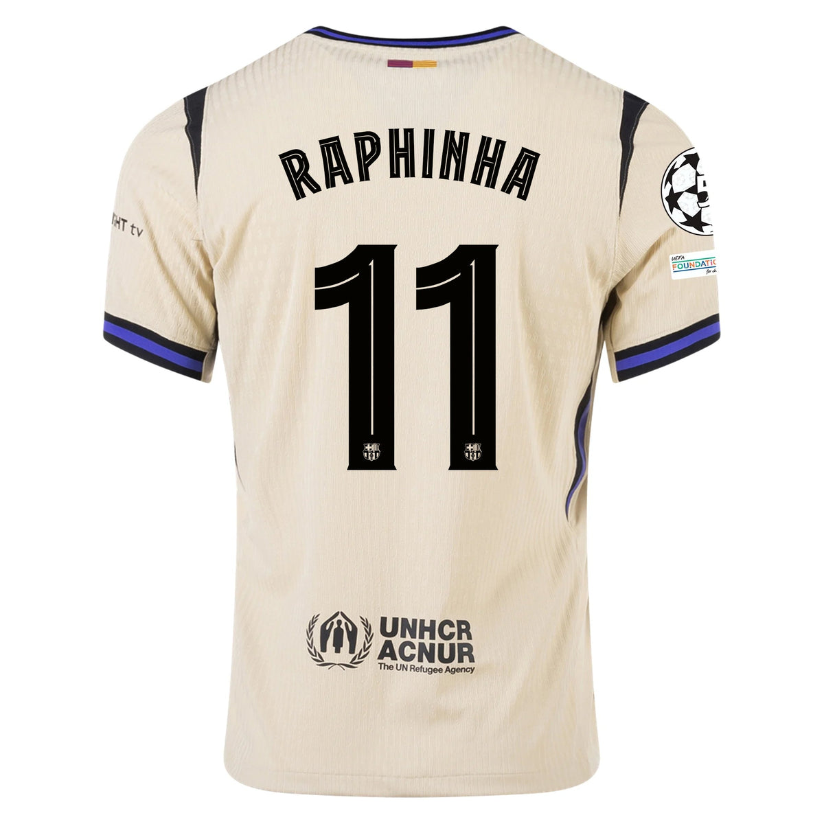 Nike Raphinha Men's FC Barcelona Authentic Away Jersey w/ Champions League Patches (Team Gold/Persian Violet/Black) | SoccerWearhouse