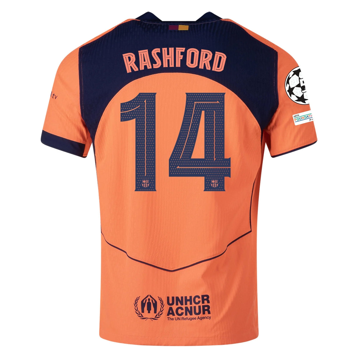 Nike Rashford FC Barcelona Third T90 Authentic Jersey 25/26 w/ Champions League Patches (Mango/Navy) | SoccerWearhouse