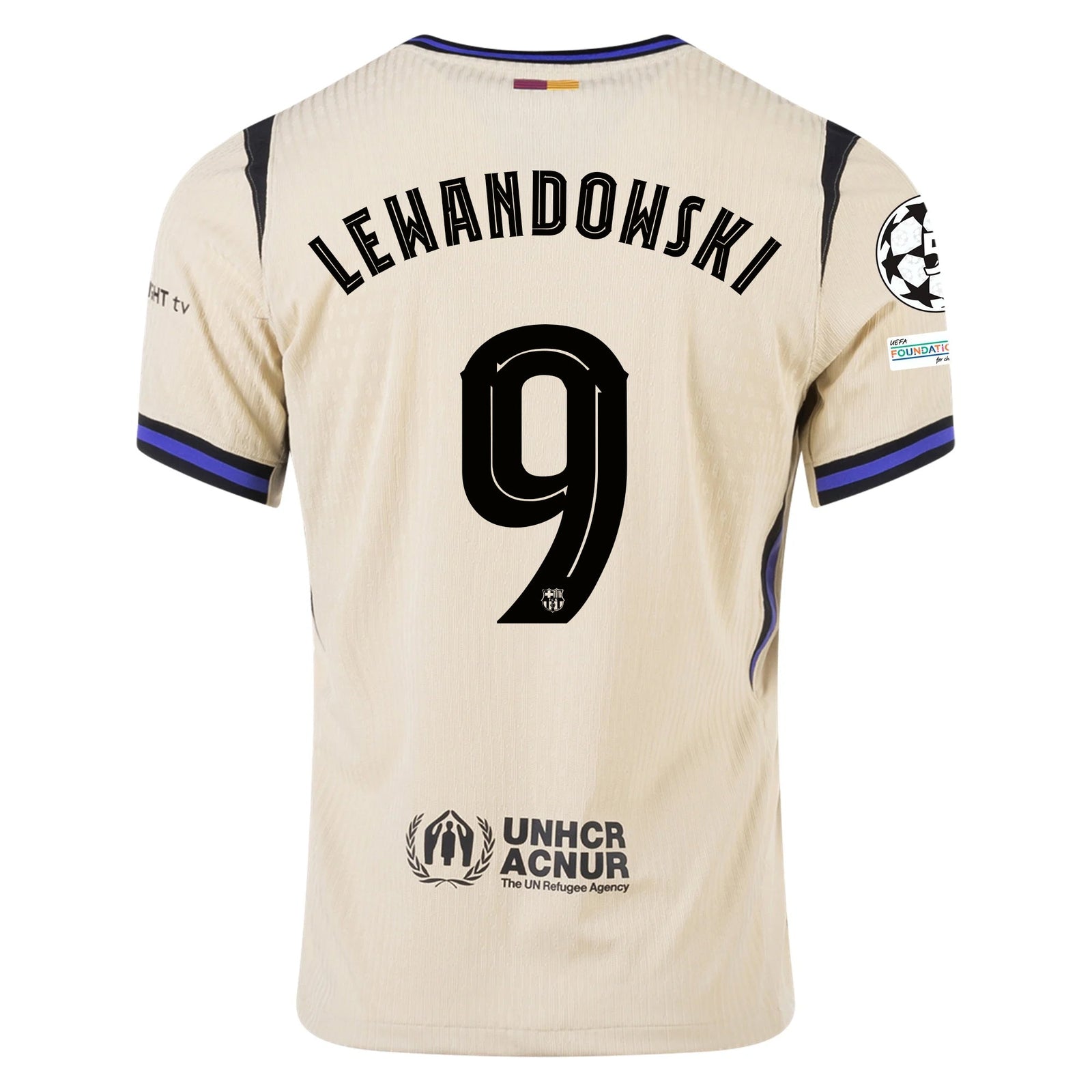 Nike Robert Lewandowski Men's FC Barcelona Authentic Away Jersey w/ Champions League Patches (Team Gold/Persian Violet/Black) | SoccerWearhouse