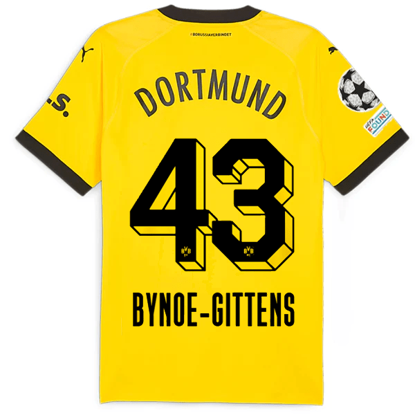 Puma Borussia Dortmund Authentic Bynoe - Gitten Home Jersey w/ Champions League Patches 23/24 (Cyber Yellow/Puma Black) | SoccerWearhouse