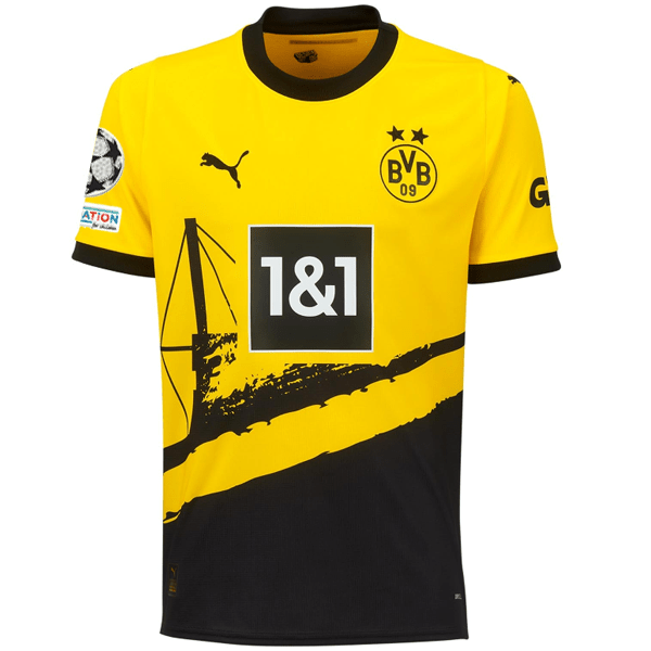 Puma Borussia Dortmund Thomas Meunier Home Jersey w/ Champions League Patches 23/24 (Cyber Yellow/Puma Black) | SoccerWearhouse