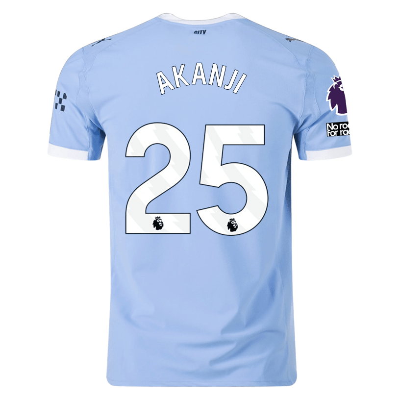 Puma Manchester City Authentic Akanji Home Jersey w/ EPL + No Room For Racism Patches 25/26 (Team Light Blue/White) | SoccerWearhouse
