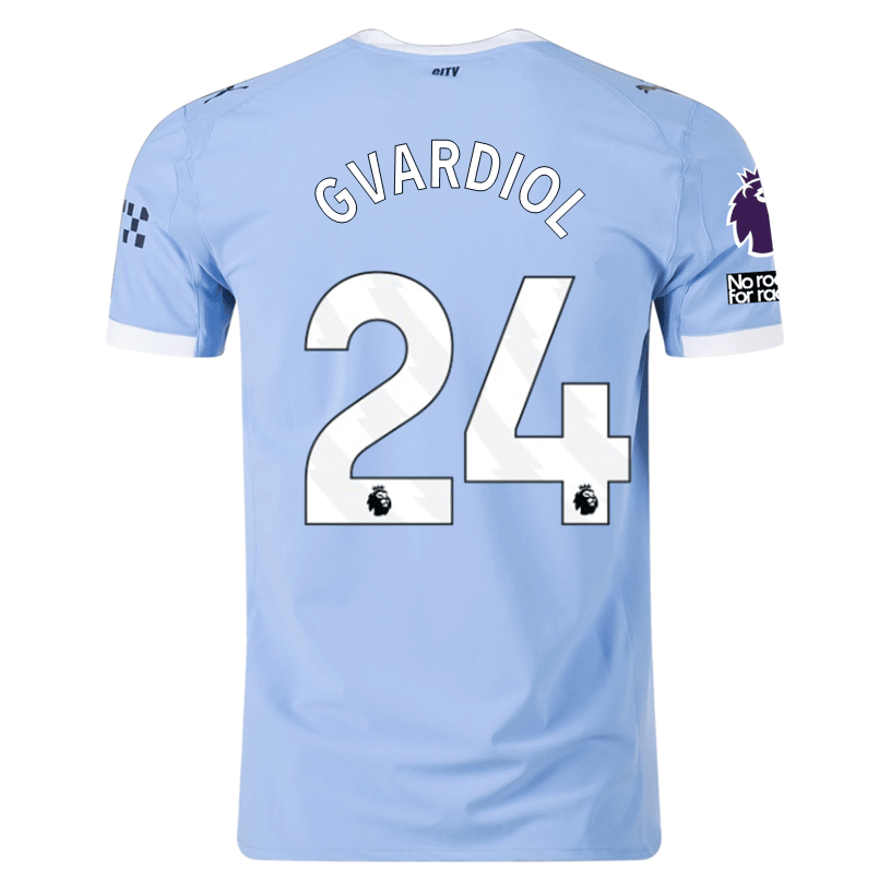 Puma Manchester City Authentic Gvardiol Home Jersey w/ EPL + No Room For Racism Patches 25/26 (Team Light Blue/White) | SoccerWearhouse