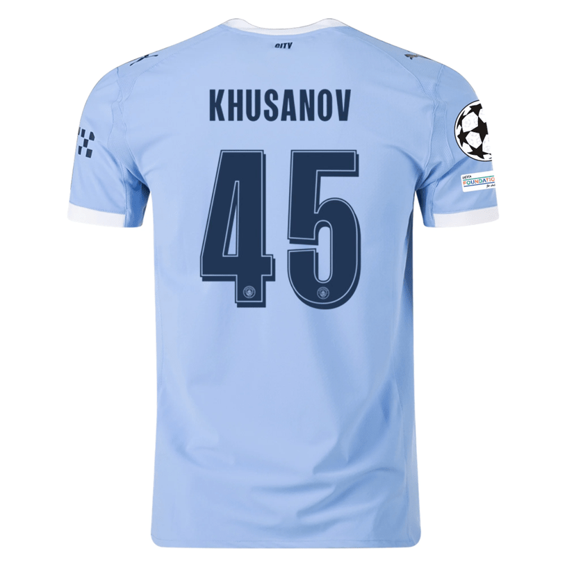 Puma Manchester City Authentic Khusanov Home Jersey w/ Champions League Patches 25/26 (Team Light Blue/White) | SoccerWearhouse