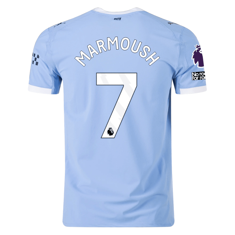 Puma Manchester City Authentic Marmoush Home Jersey w/ EPL + No Room For Racism Patches 25/26 (Team Light Blue/White) | SoccerWearhouse