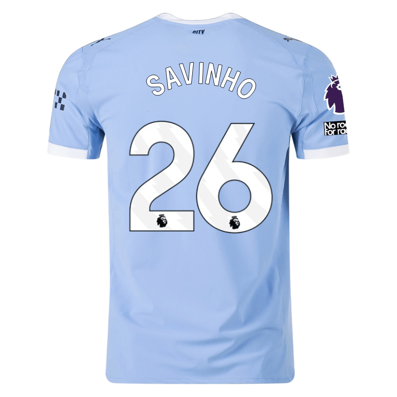 Puma Manchester City Authentic Savinho Home Jersey w/ EPL + No Room For Racism Patches 25/26 (Team Light Blue/White) | SoccerWearhouse