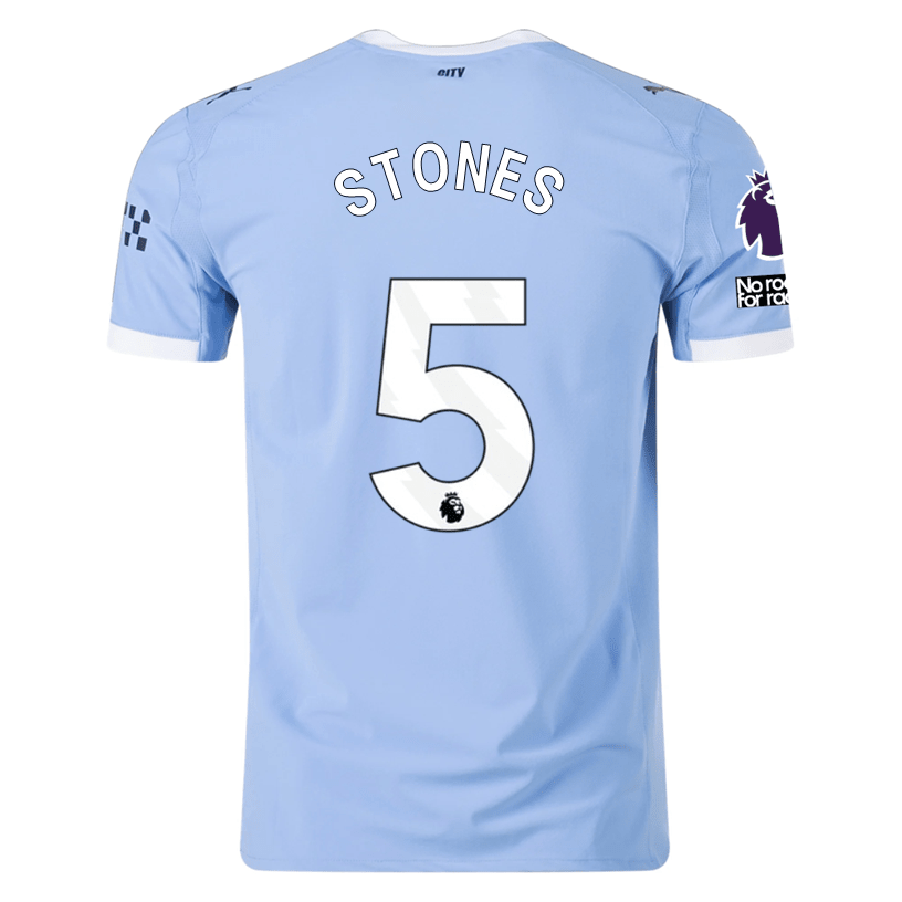 Puma Manchester City Authentic Stones Home Jersey w/ EPL + No Room For Racism Patches 25/26 (Team Light Blue/White) | SoccerWearhouse