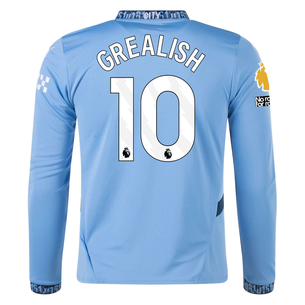 Puma Manchester City Jack Grealish Home Long Sleeve Jersey w/ EPL + No Room For Racism Patch 24/25 (Team Light/Marine Blue) | SoccerWearhouse