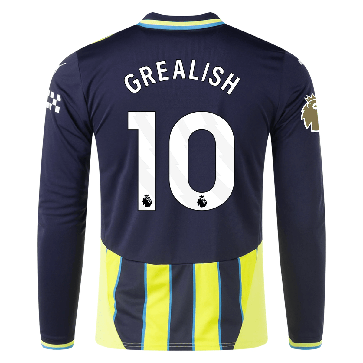 Puma Manchester City Jack Grealish Long Sleeve Away Jersey w/ EPL + Club World Cup Patch 24/25 (New Navy/Yellow Glow) | SoccerWearhouse