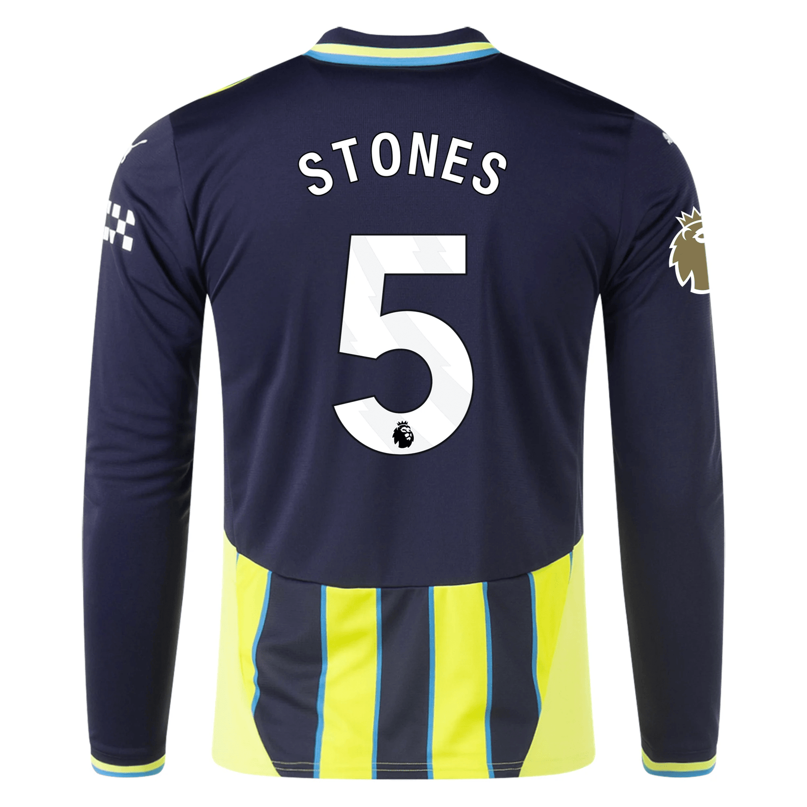 Puma Manchester City John Stones Long Sleeve Away Jersey w/ EPL + Club World Cup Patch 24/25 (New Navy/Yellow Glow) | SoccerWearhouse