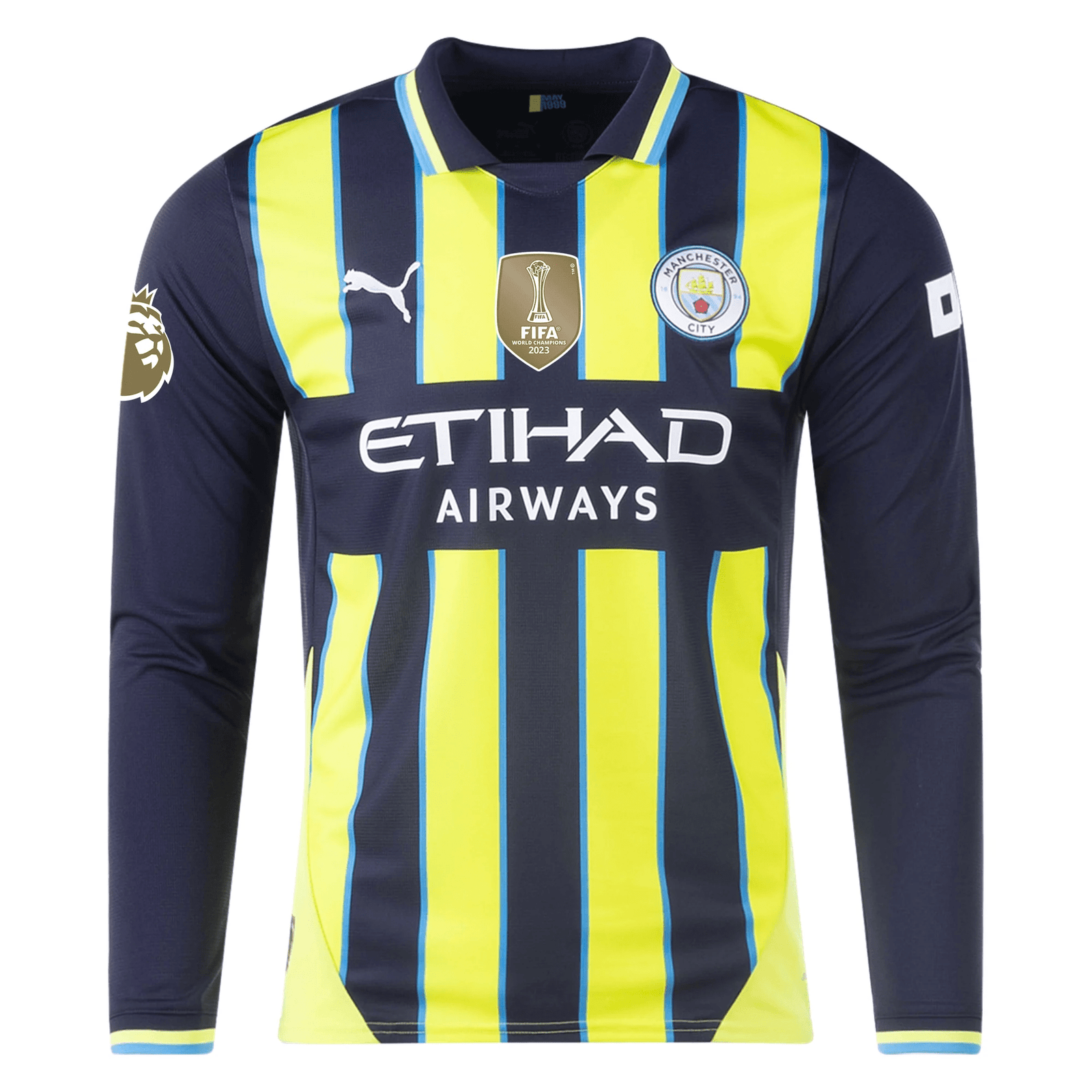 Puma Manchester City Bernardo Silva Long Sleeve Away Jersey w/ EPL + Club World Cup Patch 24/25 (New Navy/Yellow Glow) | SoccerWearhouse