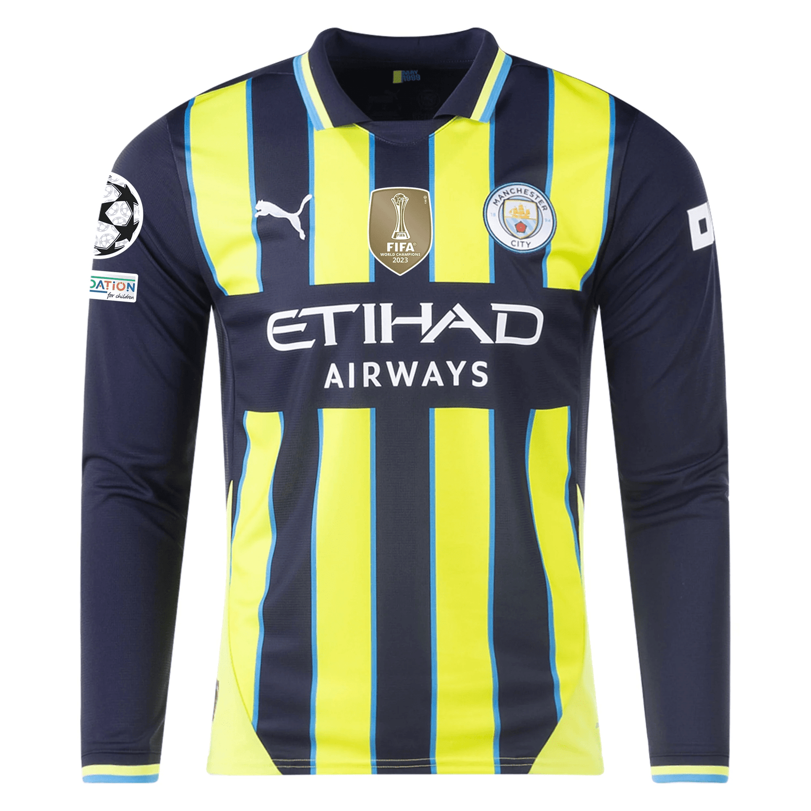 Puma Manchester City Long Sleeve Away Jersey w/ Champions League + Club World Cup Patches 24/25 (New Navy/Yellow Glow) | SoccerWearhouse