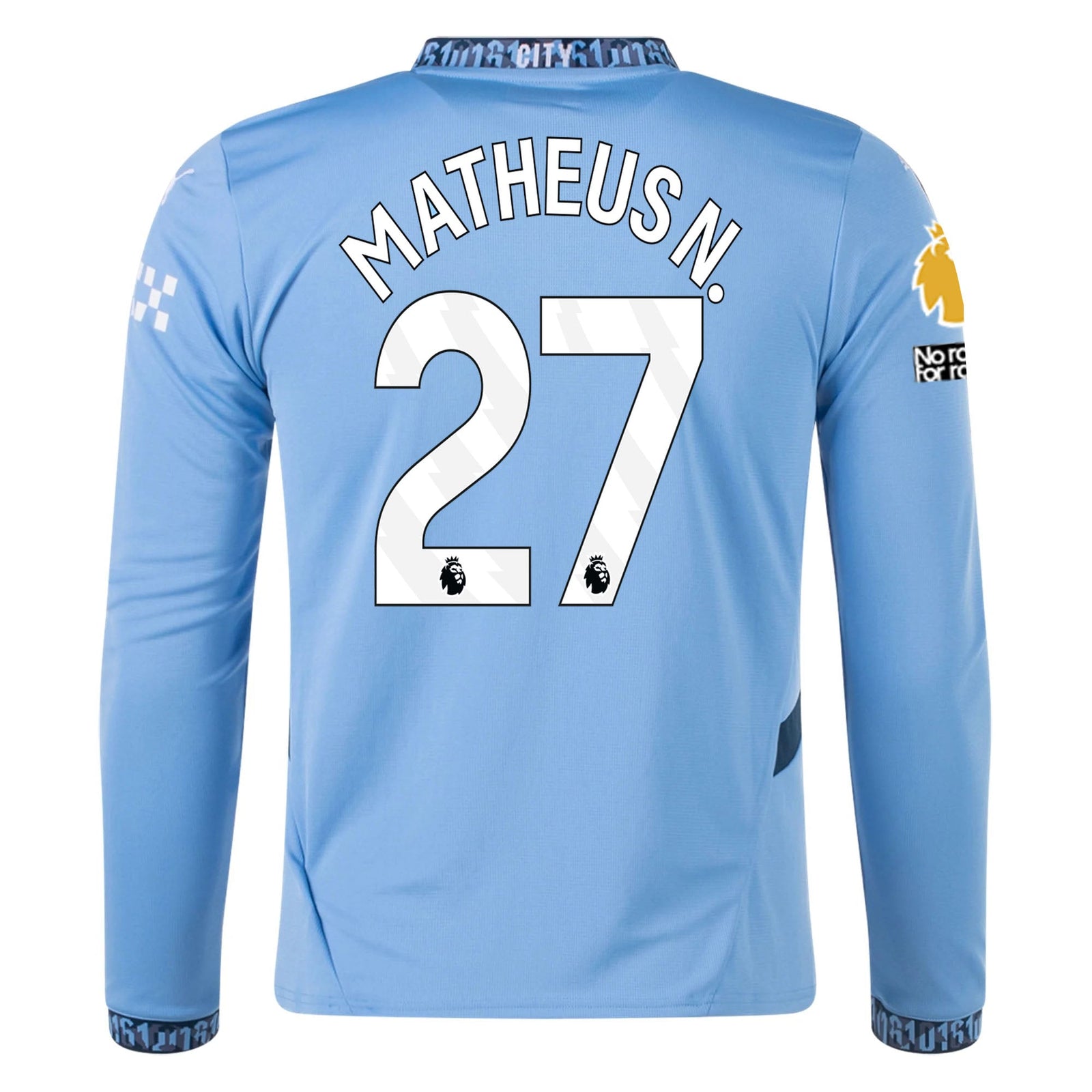 Puma Manchester City Matheus Nunes Home Long Sleeve Jersey w/ EPL + No Room For Racism Patch 24/25 (Team Light/Marine Blue) | SoccerWearhouse