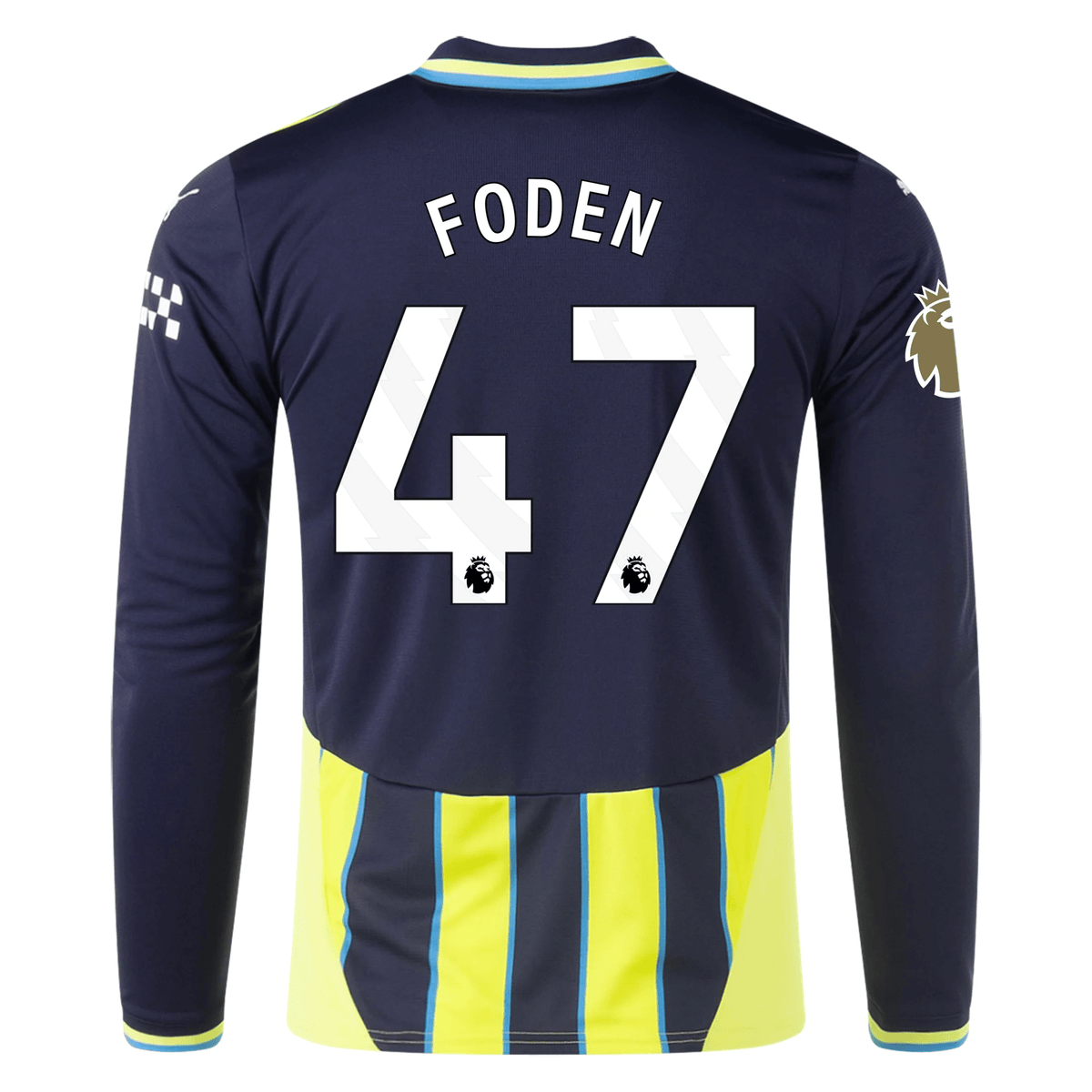 Puma Manchester City Phil Foden Long Sleeve Away Jersey w/ EPL + Club World Cup Patch 24/25 (New Navy/Yellow Glow) | SoccerWearhouse