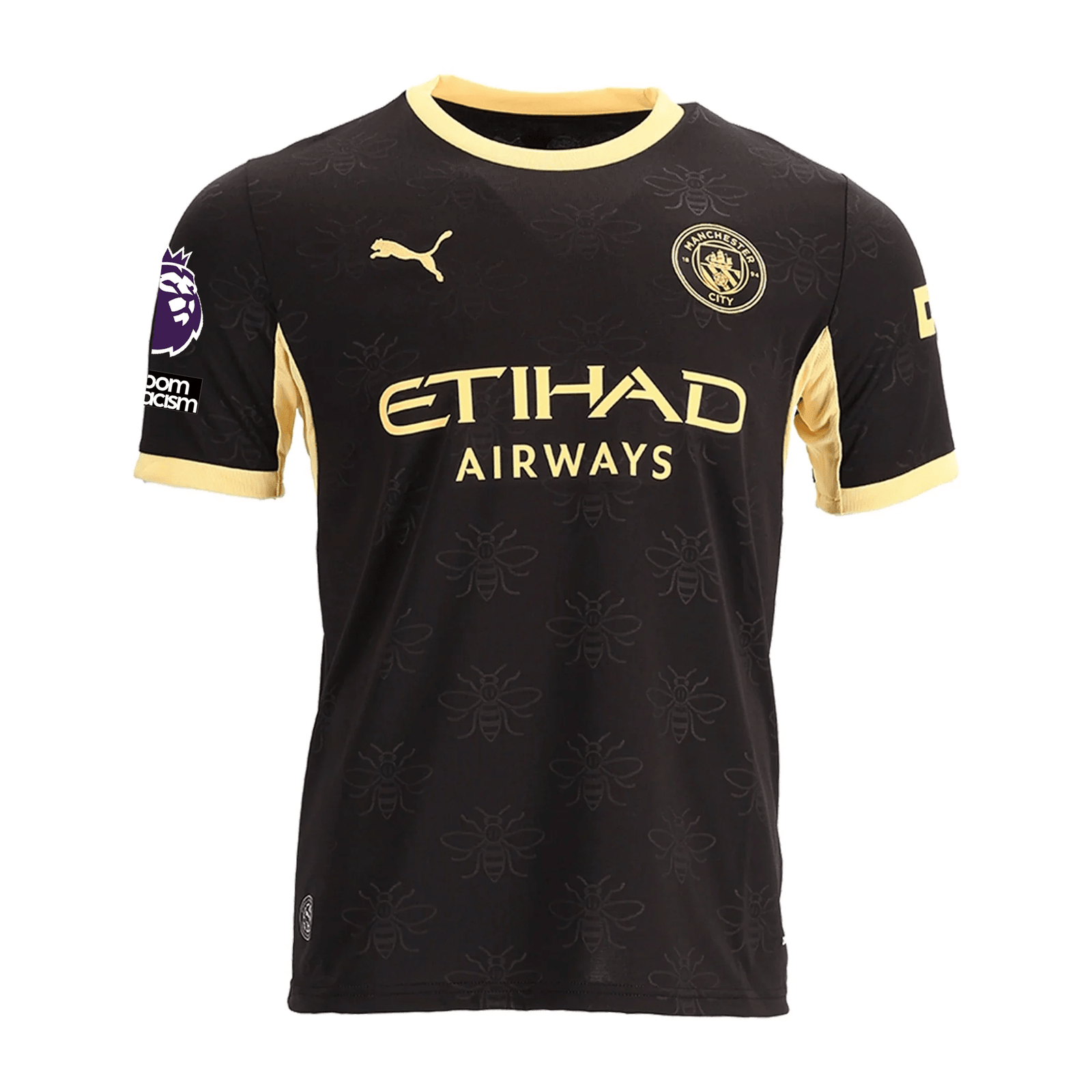 Puma Mens Manchester City Rico Lewis Elias Away Jersey w/ EPL + No Room For Racism Patches 26/27 (Black/Yellow)
