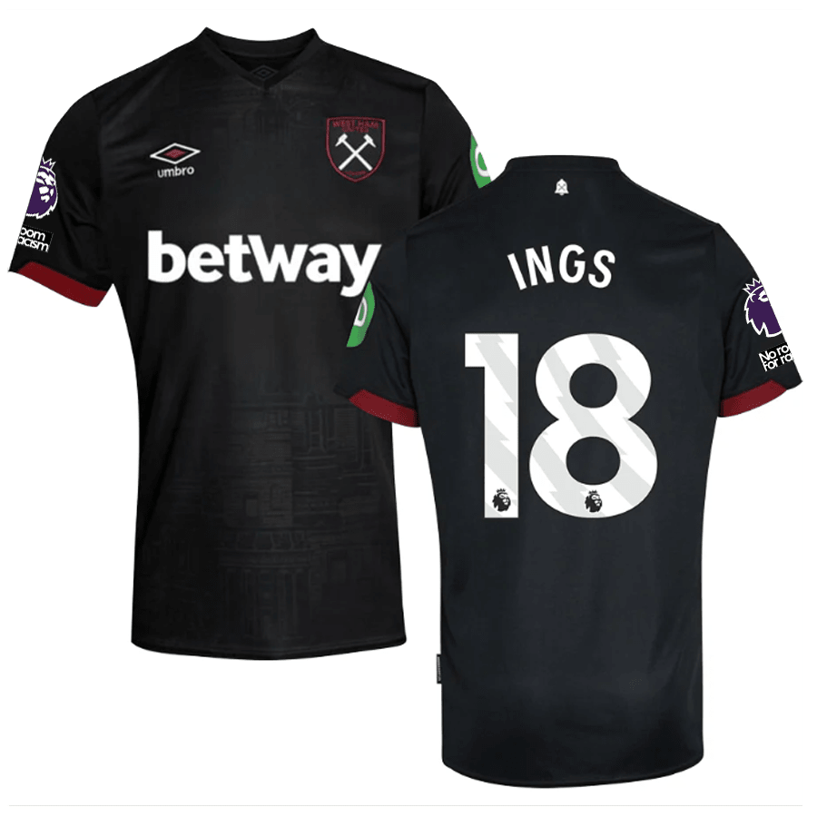 Umbro West Ham Danny Ings Away Jersey w/ EPL + No Room For Racism Patches 24/25 (Black) | SoccerWearhouse