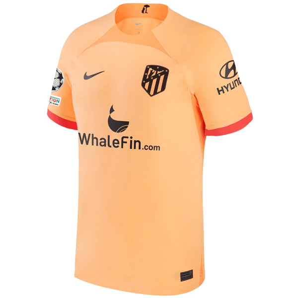 Nike Atletico Madrid Third Jersey w/ Champion League Patches 22/23 (Peach Cream/Atomic Orange/Black) | SoccerWearhouse