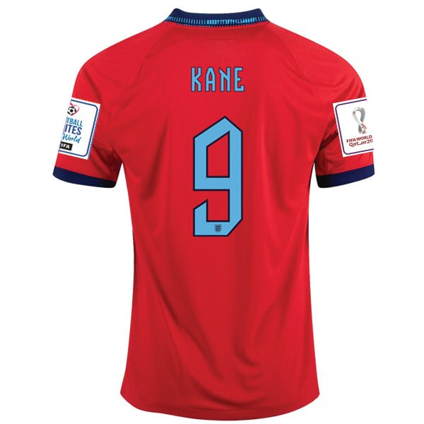 Nike England Harry Kane Away Jersey 22/23 w/ World Cup 2022 Patches (Challenge Red/Blue Void) | SoccerWearhouse