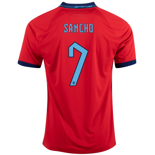 Nike England Jadon Sancho Away Jersey 22/23 (Challenge Red/Blue Void) | SoccerWearhouse