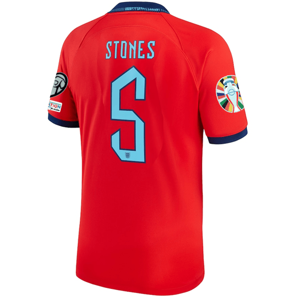 Nike England John Stones Away Jersey 22/23 w/ Euro Qualifier Patches (Challenge Red/Blue Void) | SoccerWearhouse