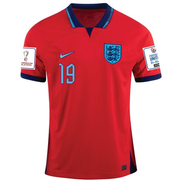 Nike England Mason Mount Away Jersey 22/23 w/ World Cup 2022 Patches (Challenge Red/Blue Void) | SoccerWearhouse