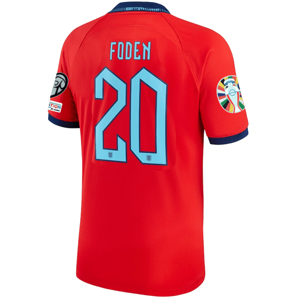 Nike England Phil Foden Away Jersey 22/23 w/ Euro Qualifier Patches (Challenge Red/Blue Void) | SoccerWearhouse
