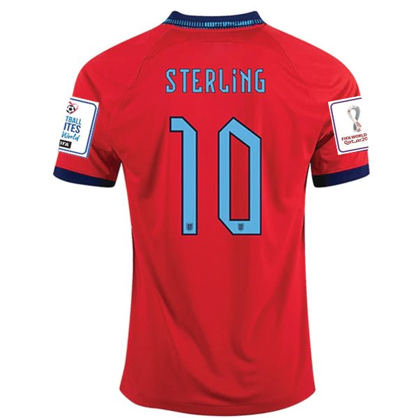 Nike England Raheem Sterling Away Jersey 22/23 w/ World Cup 2022 Patches (Challenge Red/Blue Void) | SoccerWearhouse