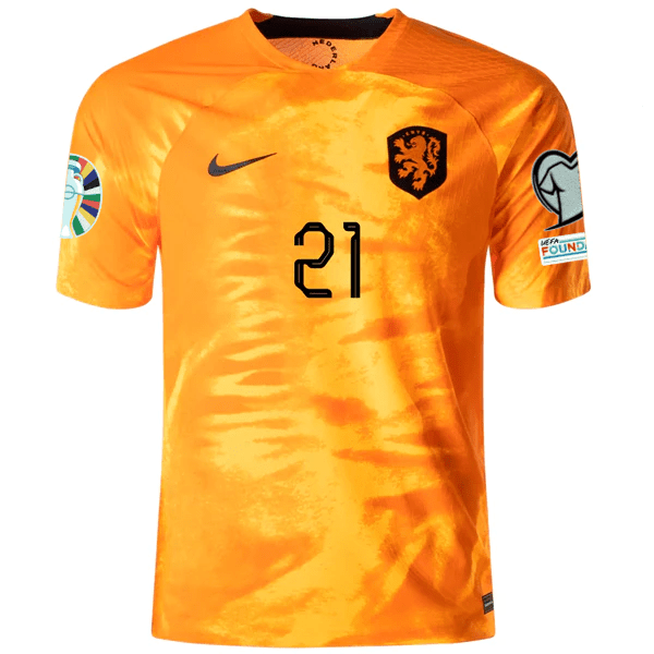 Nike Netherlands Frenkie De Jong Home Match Authentic Jersey w/ Euro Qualifying Patches 22/23 (Laser Orange/Black) | SoccerWearhouse