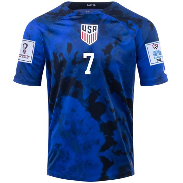 Nike United States Giovanni Reyna Away Jersey 22/23 w/ World Cup 2022 Patches (Bright Blue/White) | SoccerWearhouse