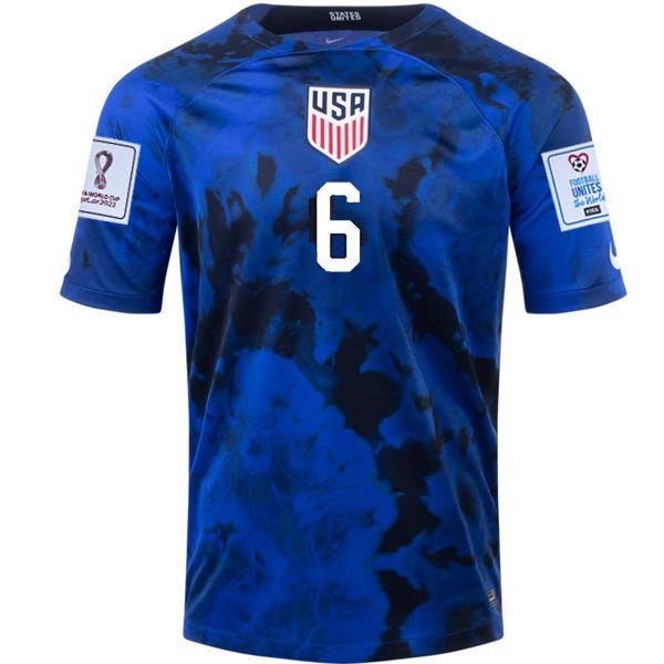Nike United States Musah Away Jersey 22/23 w/ World Cup 2022 Patches (Bright Blue/White) | SoccerWearhouse