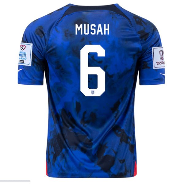 Nike United States Musah Away Jersey 22/23 w/ World Cup 2022 Patches (Bright Blue/White) | SoccerWearhouse