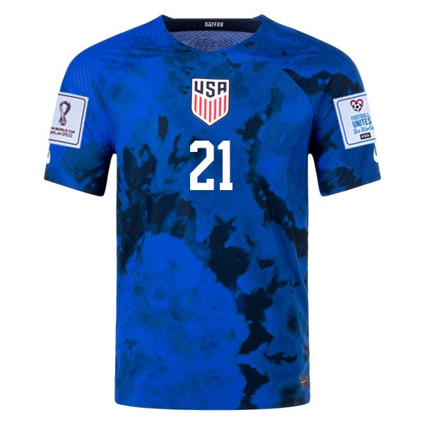 Nike United States Timothy Weah Authentic Match Away Jersey 22/23 w/ World Cup 2022 Patches (Bright Blue/White) | SoccerWearhouse