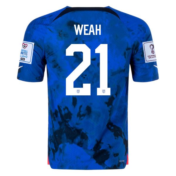 Nike United States Timothy Weah Authentic Match Away Jersey 22/23 w/ World Cup 2022 Patches (Bright Blue/White) | SoccerWearhouse