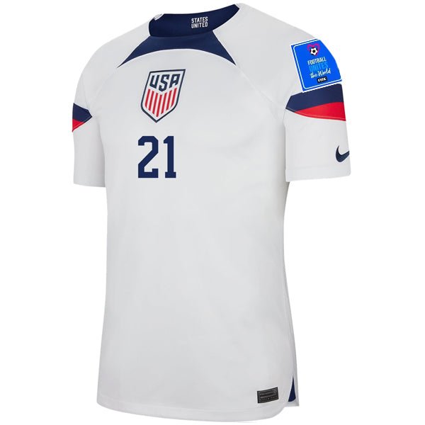 Nike United States Timothy Weah Authentic Match Home Jersey 22/23 w/ World Cup 2022 Patches (White/Loyal Blue) | SoccerWearhouse
