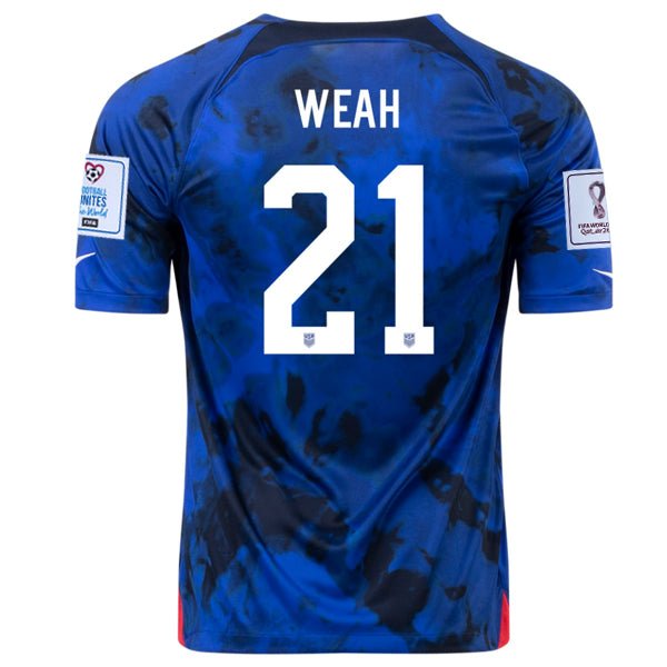 Nike United States Timothy Weah Away Jersey 22/23 w/ World Cup 2022 Patches (Bright Blue/White) | SoccerWearhouse