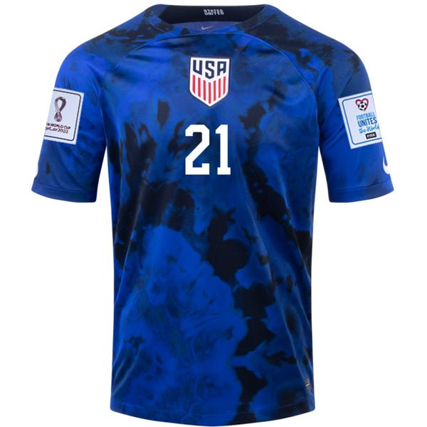 Nike United States Timothy Weah Away Jersey 22/23 w/ World Cup 2022 Patches (Bright Blue/White) | SoccerWearhouse