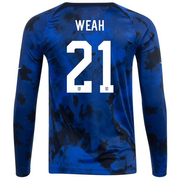 Nike United States Timothy Weah Long Sleeve Away Jersey 22/23 (Bright Blue/White) | SoccerWearhouse