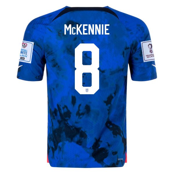 Nike United States Weston McKennie Authentic Match Away Jersey 22/23 w/ World Cup 2022 Patches (Bright Blue/White) | SoccerWearhouse