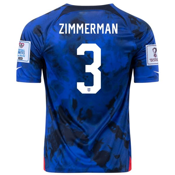 Nike United States Zimmerman Away Jersey 22/23 w/ World Cup 2022 Patches (Bright Blue/White) | SoccerWearhouse